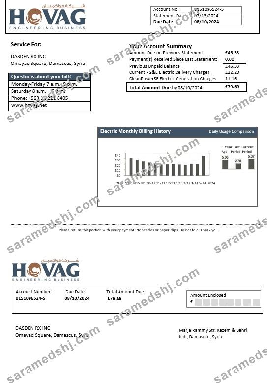 Syria HOVAG Company electricity business utility bill template in Word and PDF formats